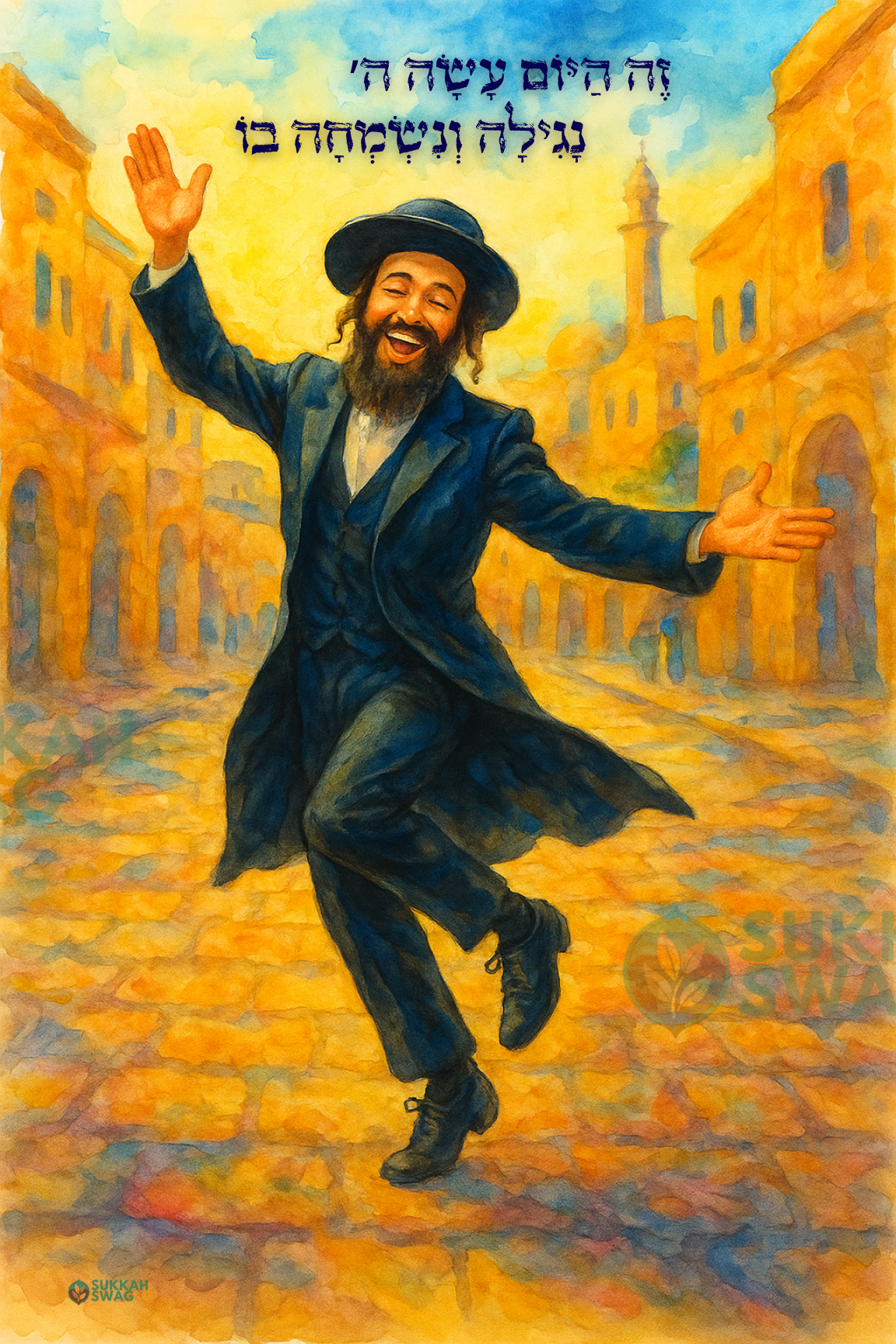 Dancing in the Streets of Jerusalem – Watercolor Painting | Vinyl Sukkah Poster